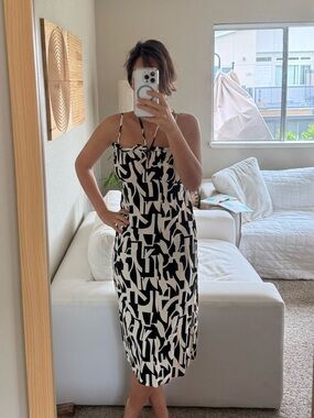 Black & White Abstract Midi Slip Dress with Thin Straps